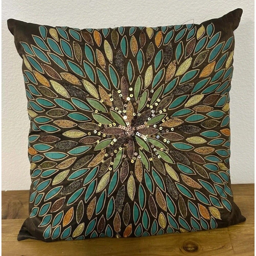Vintage Pier 1 Imports Embroidered Bohemian Brown Throw Pillow 16x16